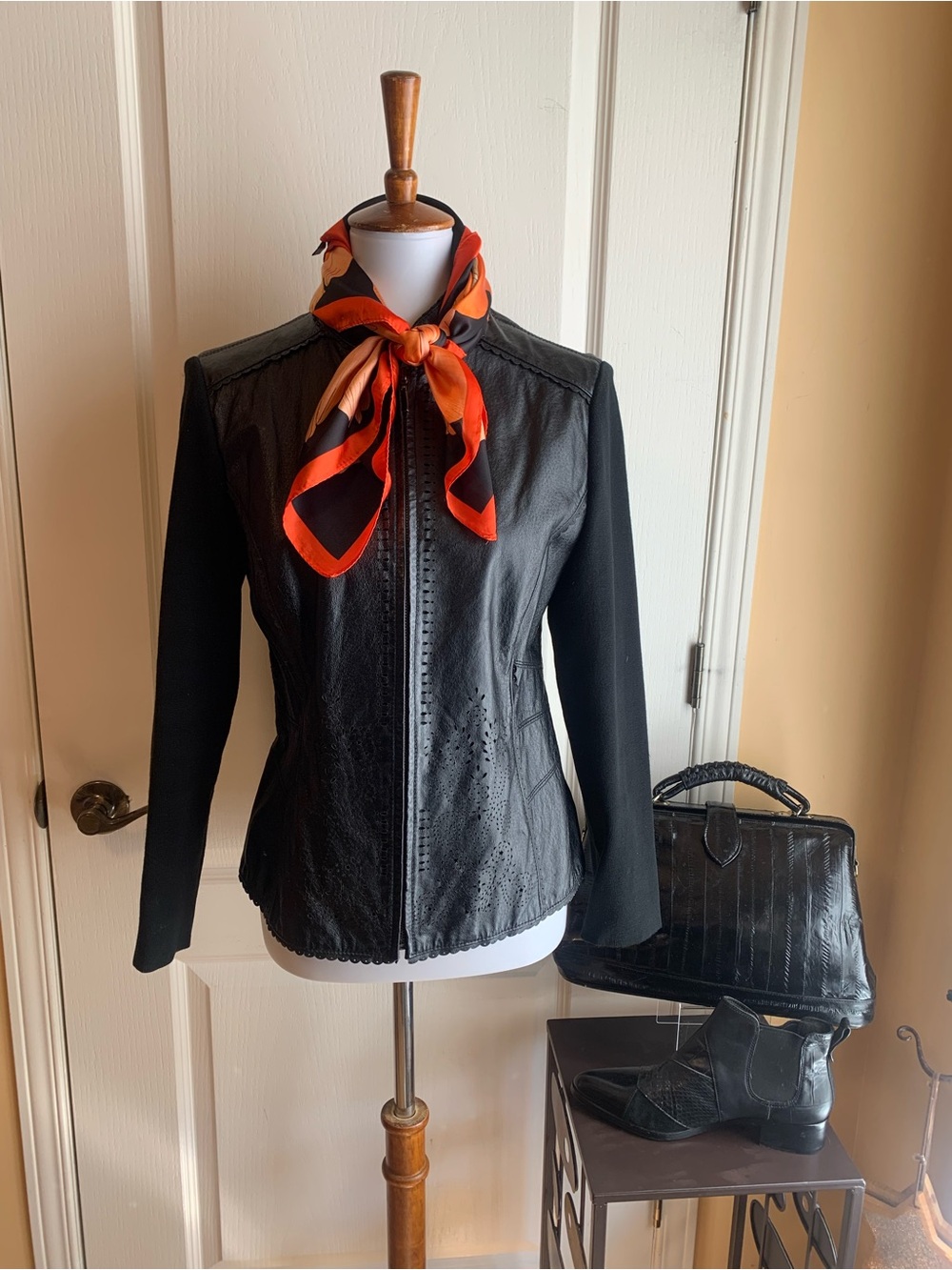 Black fitted Leather Jacket Knit Sleeves/back